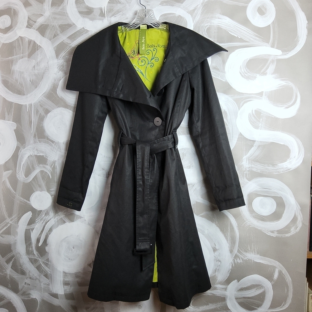 Soia & Kyo Black Trench Coat with Lime Green Lining